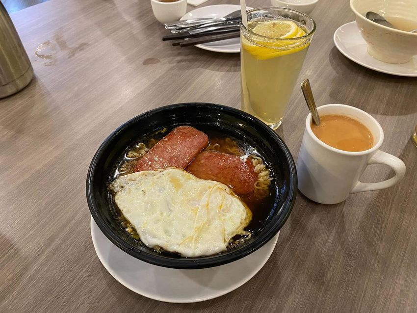 The popular instant noodle breakfast at Tasty Delight made with Spam, an American product popularized during and after the Second World War.