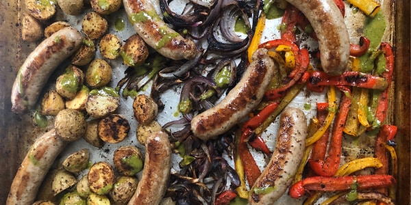 Sheet Pan Sausage and Peppers with Onions and Potatoes